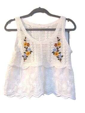 Floral Embroidered Crochet Top  White   OS